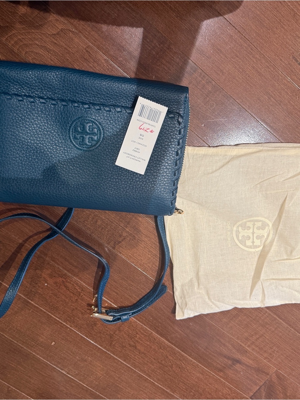 Tory Burch Teal Pebbled Leather Crossbody with Logo